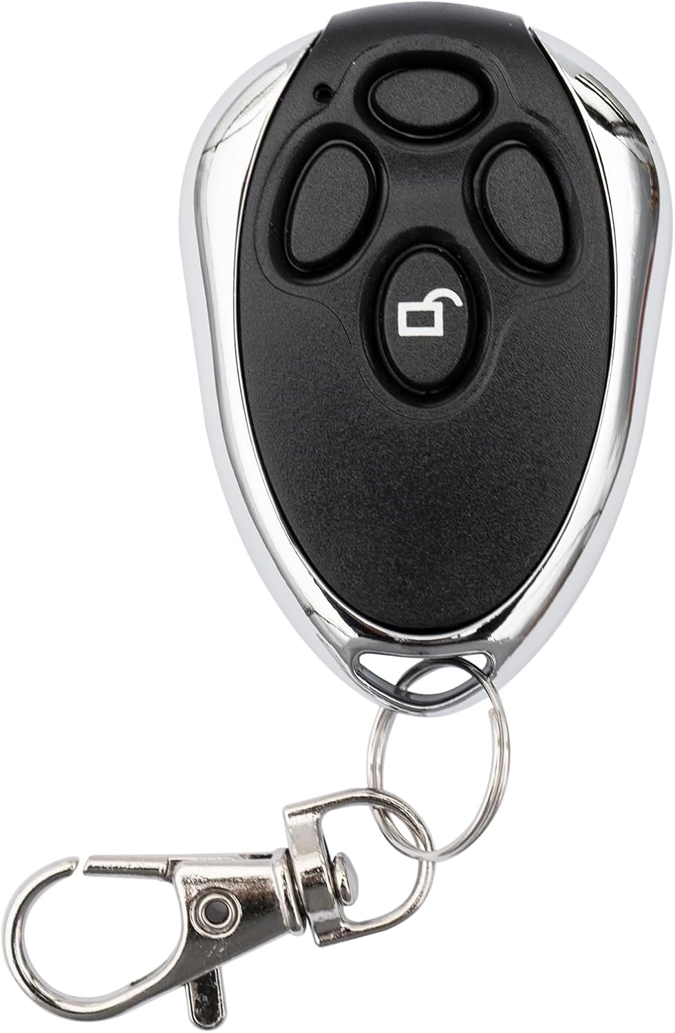 Close-up of a PNI garage door opener remote control with four buttons and a key ring