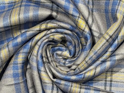 Coupon laine sergée au mètre tissu carreaux gris bleu jaune pour veste