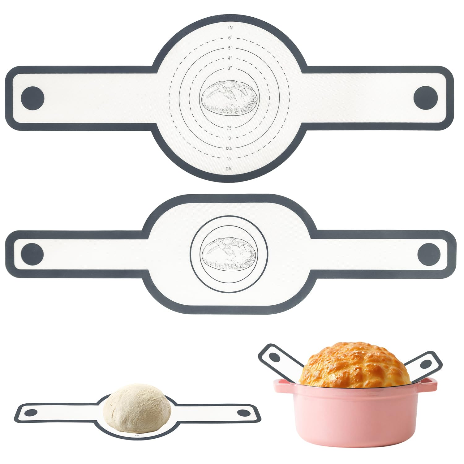 Backmatte Brot, Silikon Backmatte, 2 Stück Brotschlinge mit Langen Griffen, Wiederverwendbare Backunterlage für Teig, Antihaft, Leicht zu Reinigen, Brotbackmatte für Dutch Oven Brotbacktopf
