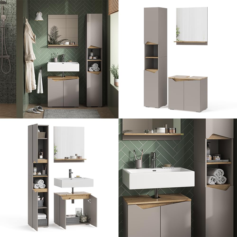 Vicco Combinación de Muebles de baño Marelle, Gris, 60 cm | compuesto por mueble bajo lavabo, espejo con armario y columna de baño