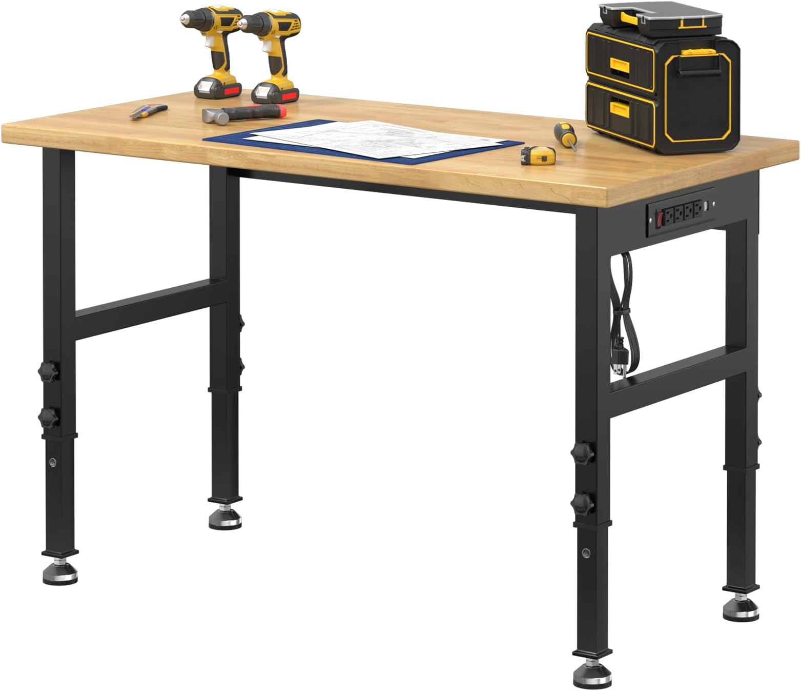 48” Adjustable Work Bench, Heavy-Duty Solid Wood Work Table with Power Outlets, 3000 Lbs Capacity Workstation for Garage, Workshop, Home, Office