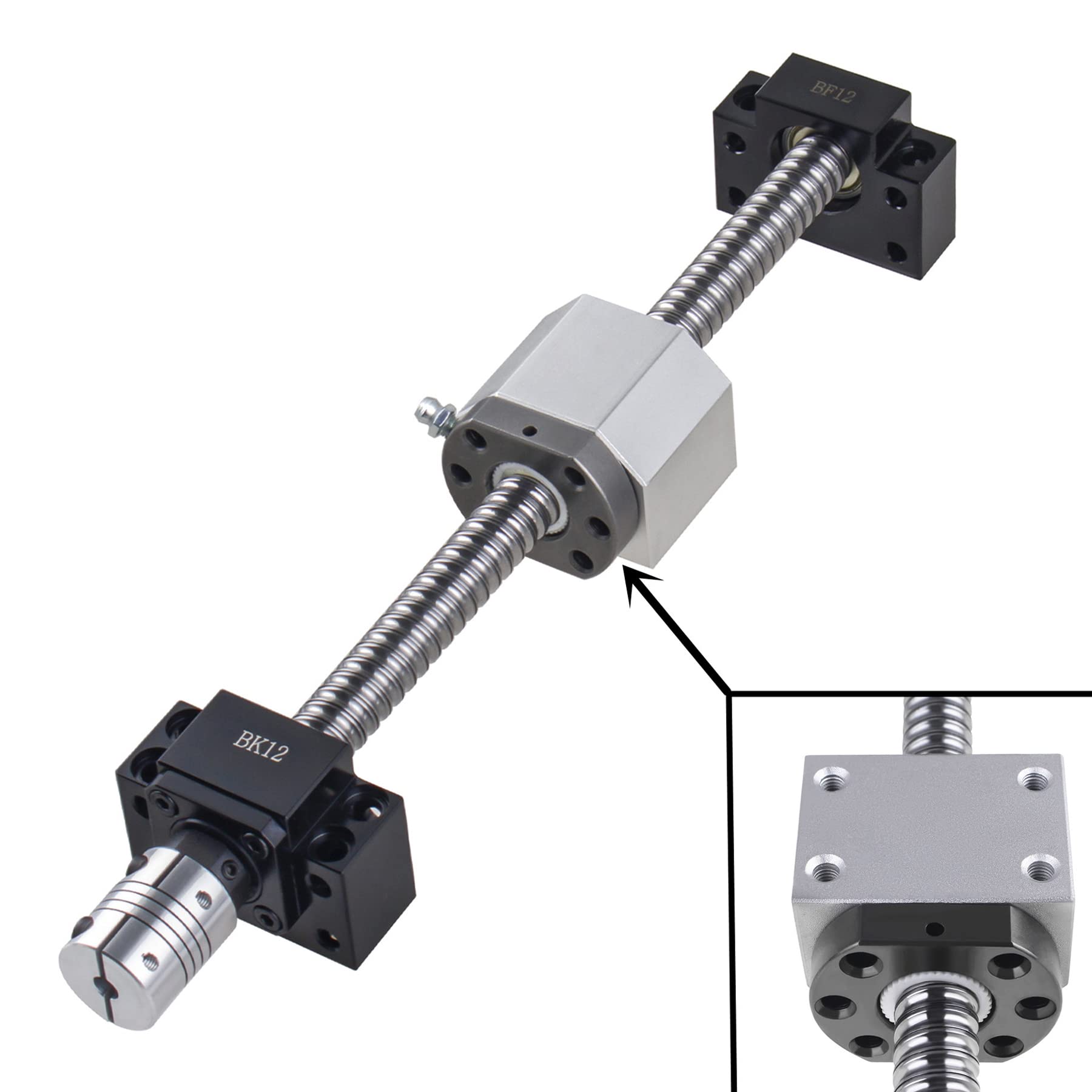 Juego de husillo de bolas SFU1605-600 mm, husillo roscado de acero inoxidable, husillo de bolas con soporte BK12/BF12, carcasa de tuerca y 2 conjuntos de acoplamiento, piezas CNC para