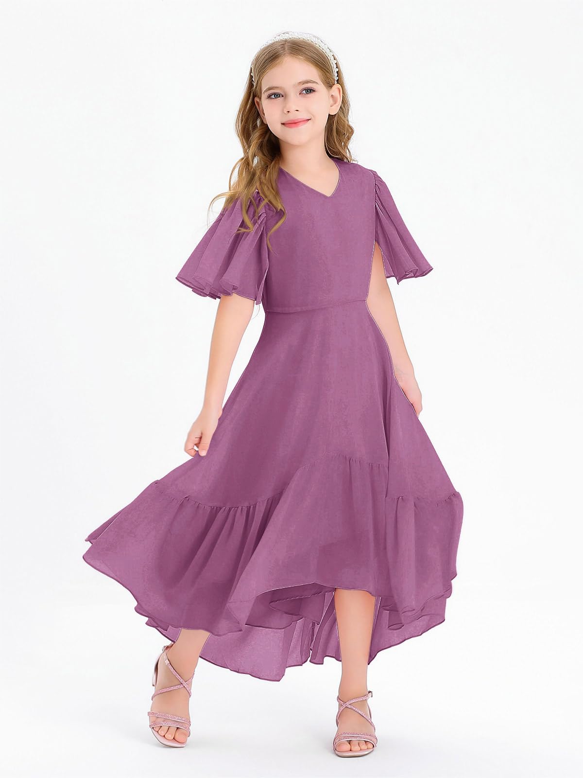 Haloumoning Vestido de verano para niña, cuello en V, con volantes, informal, vestido de una línea, vestido de fiesta alto, bajo, largo, elegante, largo