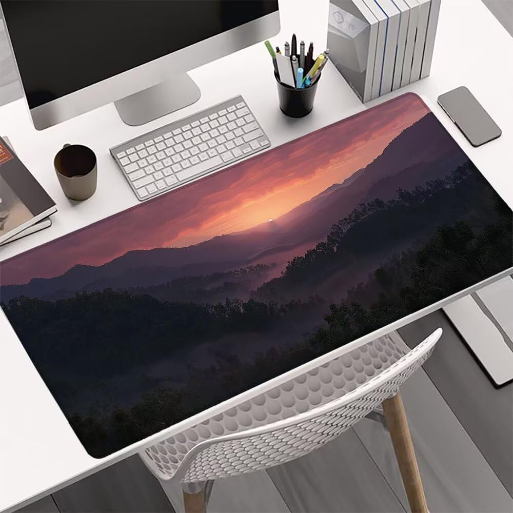 Podkładka pod mysz do gier górskich, podkładka pod mysz XXL 1200 x 600 x 3 mm, rozszerzona antypoślizgowa mata biurkowa, wodoodporna powierzchnia, szyte krawędzie, zmywalna podkładka pod mysz zachód