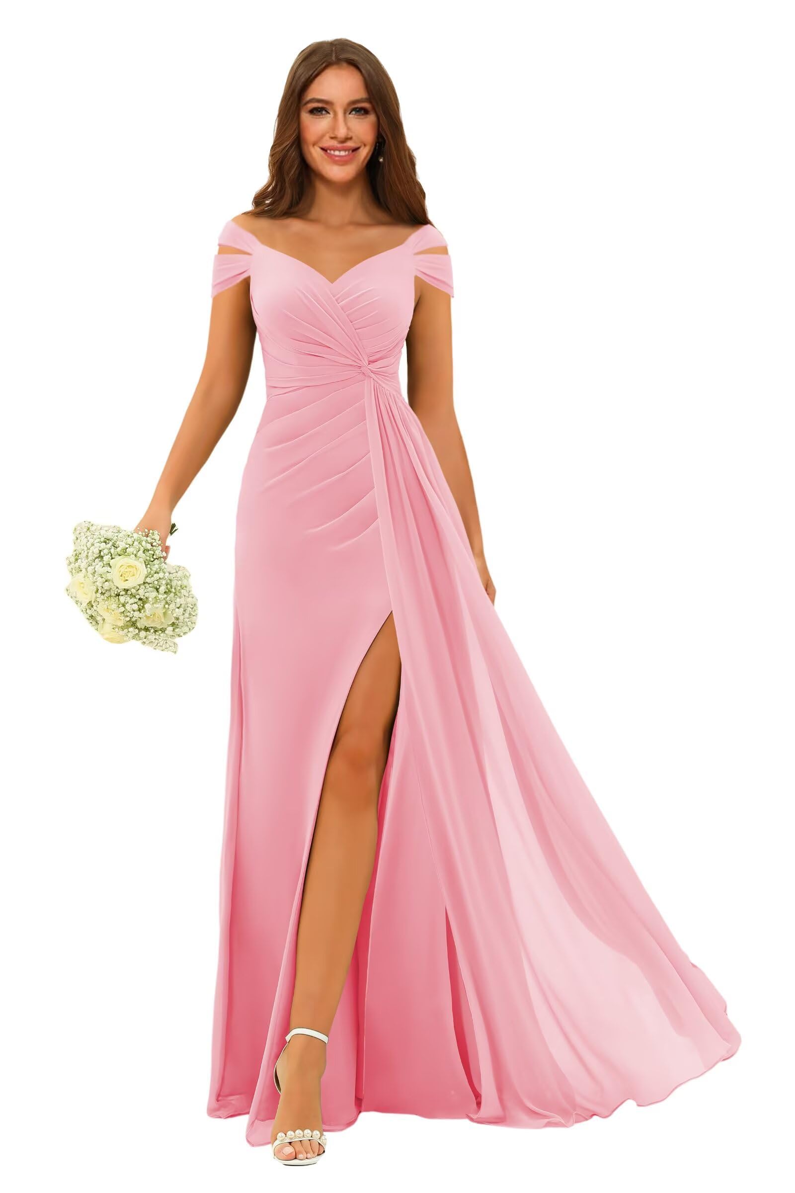 HUINI Off-Schulter Brautjungfernkleid A-Linie V-Ausschnitt Lange Chiffon formelle Abendkleider mit Schlitz