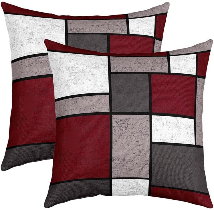 Feelyou Geometric Square Cushion Covers Set of 2 Buffalo Check Red Grey White Reversible Throw Pillow Covers Geometry Pillow Covers Home Decor for Modern Art Vintage 18 x 18-Inch Multi 26 18