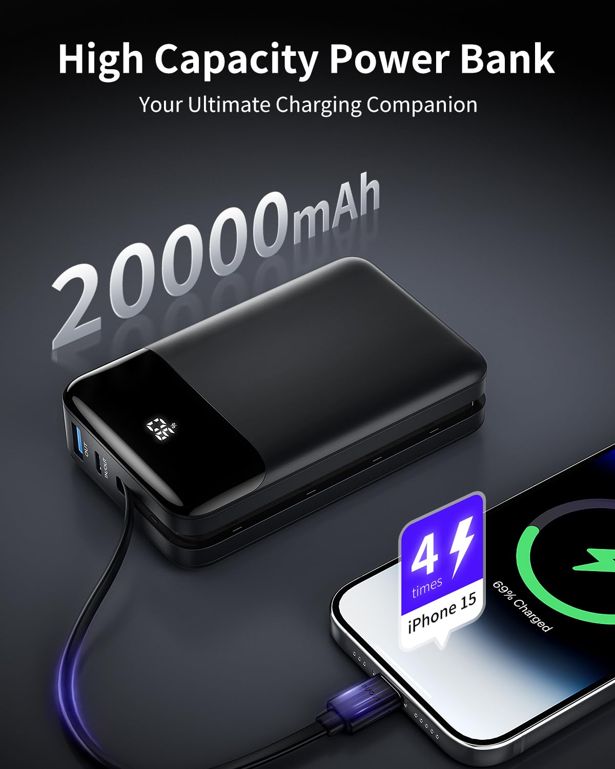 wegear Power Bank,20000mAh 22.5W High-Speed Portable Phone Charger with Built-in USB-C Cable,PD 3.0+QC 3.0 Batterry Pack Compatible with iPhone 16/15/14 Series,Android,Switch,iPad,and More.