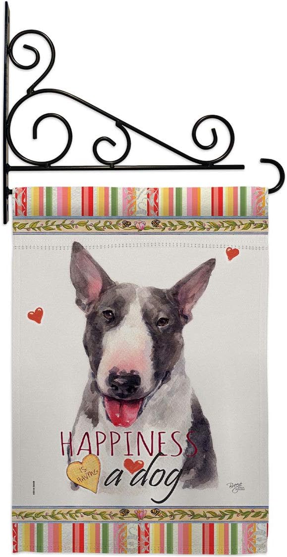 Bull Terrier Happiness Garden Flag Set Wall Holder Animals Dog Puppy Spoiled Paw Canine Fur Pet Nature Farm Animal Creature Small Decorative Gift Yard House Banner Double-Sided Made In USA 13 X 18.5