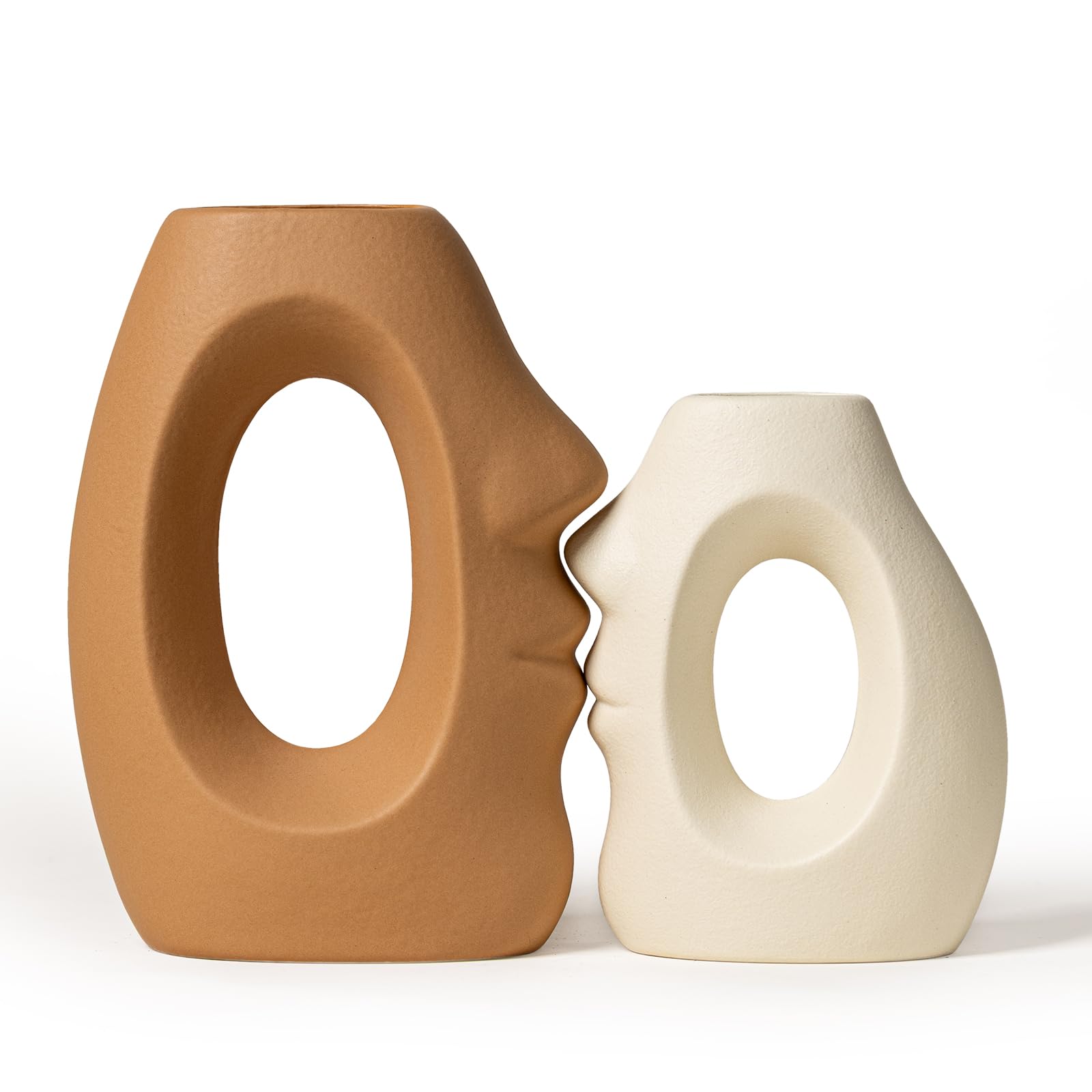 Beige & Brown Ceramic Vases for Home Decor, Modern Abstract Face Vase Set of 2, Unique Boho Flower Vases for Living Room, Office, Entryway, Wedding for Couple, Home Gifts for Friends