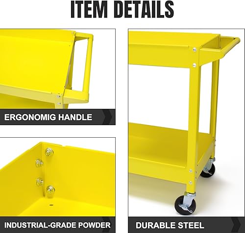 Miniatura 4 de Carrito de servicio de acero grande de 30 pulgadas, amarillo, carritos utilitarios con ruedas, 2 estantes, metal, capacidad de 300 libras, compra