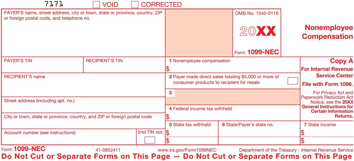 IRS Approved 1099-NEC Federal Copy A, Bulk Package, 500 Sheets / 1500 Recipients, Current Tax Season