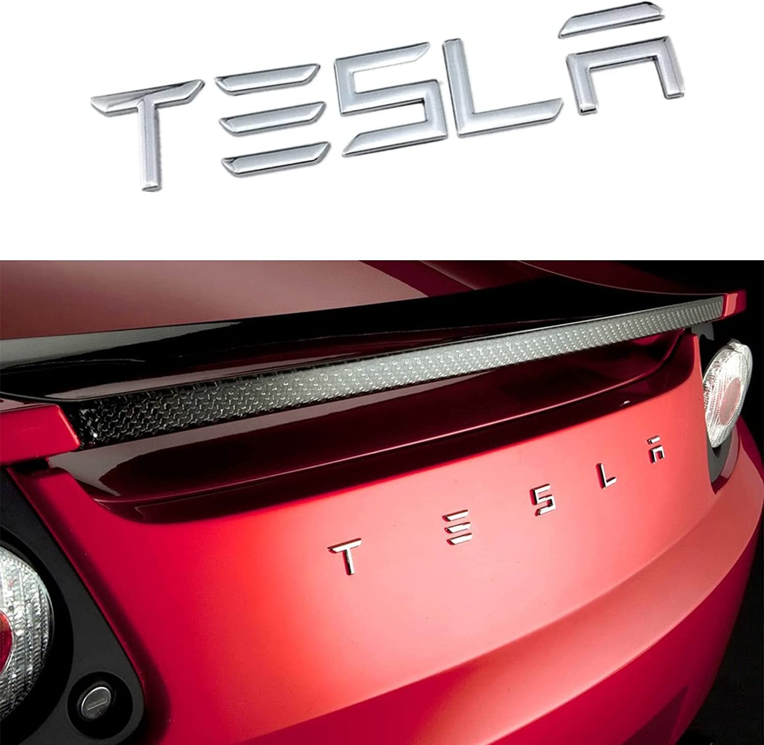 Compatible for Tesla Model 3/S/X/Y Tailgate Insert Letters Rear Emblems, Tesla Logo 3M Adhesive Backing (fit silver)
