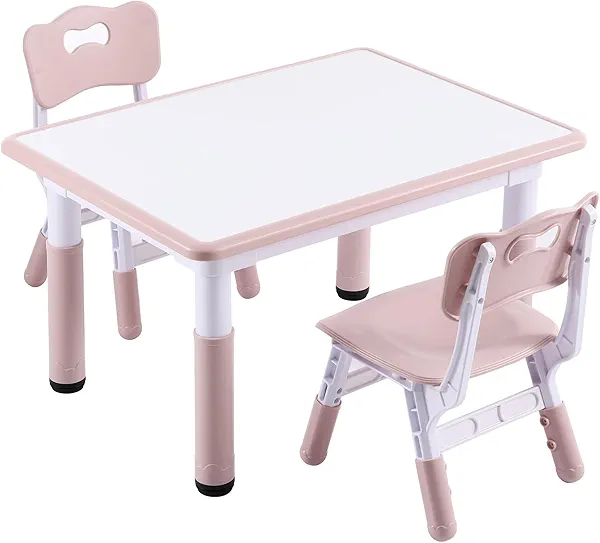 DOREROOM Kids Table and 2 Chairs Set, Height-Adjustable Toddler Table and Chair Set with Graffiti Desktop, 31.5''L x 23.6''W Children Activity Table for Daycare, Classroom, Home