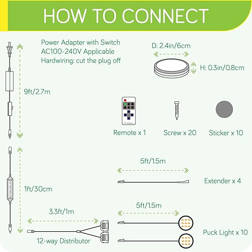 Miniatura 2 de Kit de luz LED de disco para debajo del gabinete, iluminación de gabinete de vidrio de licor, 110 V con cable duro directo y enchufe de pared,