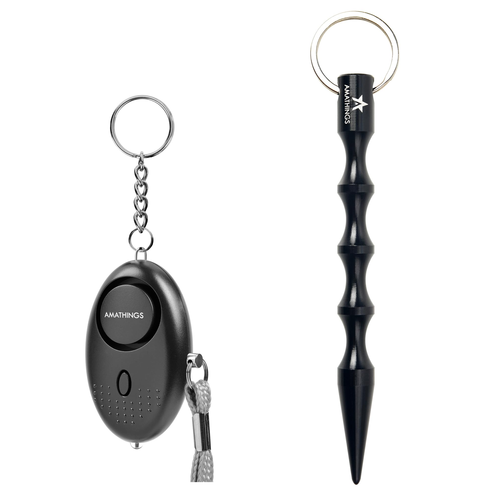 AMATHINGS Zestaw bezpieczeństwa 2w1: 130 dB alarm kieszonkowy i ergonomiczny Kubotan – kompleksowa ochrona dla kobiet i seniorów – Dyskretny zestaw do samoobrony do torebki i breloczka – Czarny