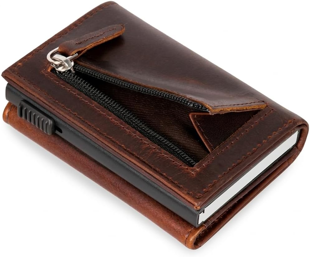 Wallet for Men | RFID Blocking Genuine Leather Pop-Up Card Holder | Slim Minimal Design with Aluminium Case Holds 6–8 Cards, Coin Pocket & Magnetic Closure (Brown)