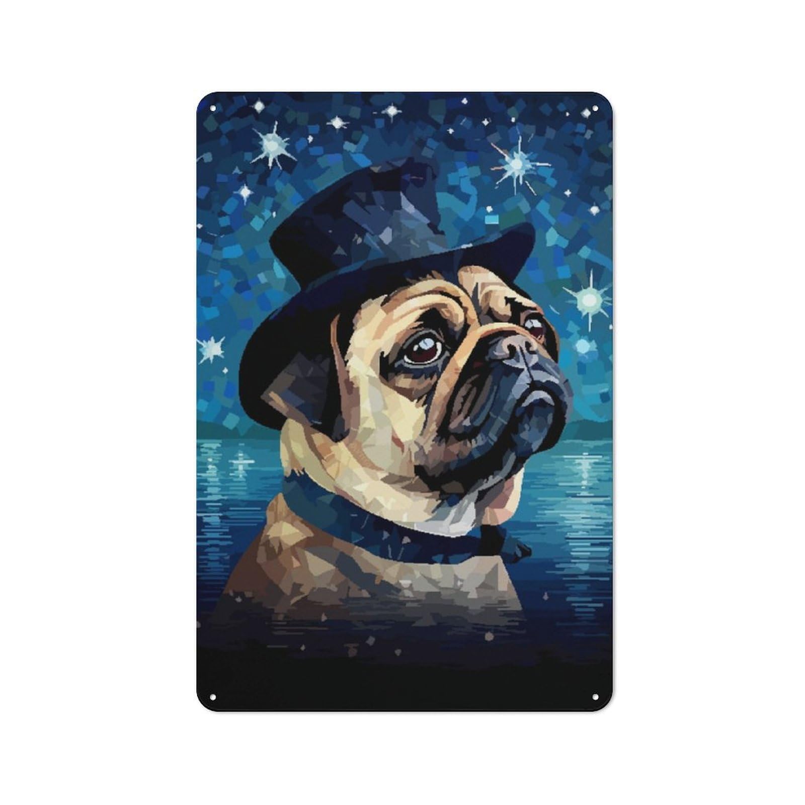 Junmoney Pug Top Hat Pixel Art Vintage Tin Wall Plaque 30X20cm For Workshop Wall, A Decorative Christmas Gift For Makers And Diy Enthusiasts