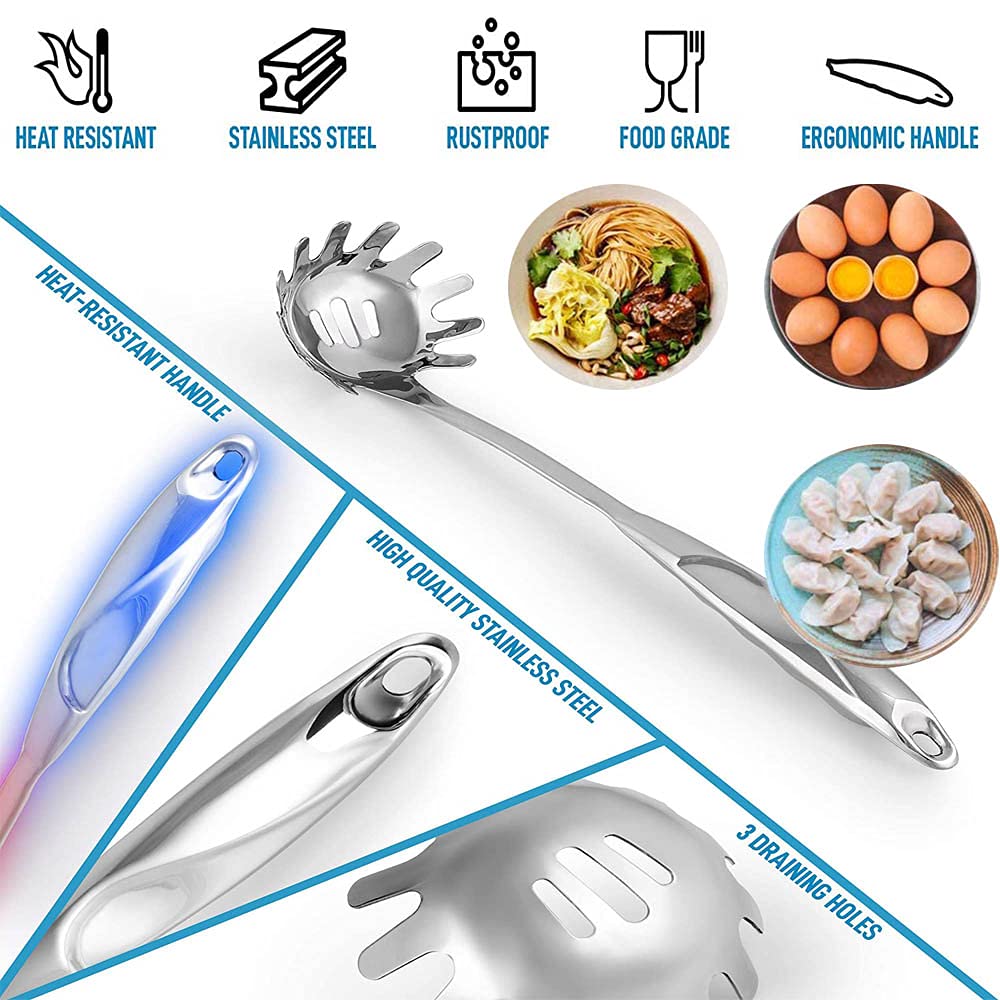 Set 4 Pezzi Utensili Per Spaghetti In Acciaio Inox - Pinze, Forchettone E Righello Dosatore