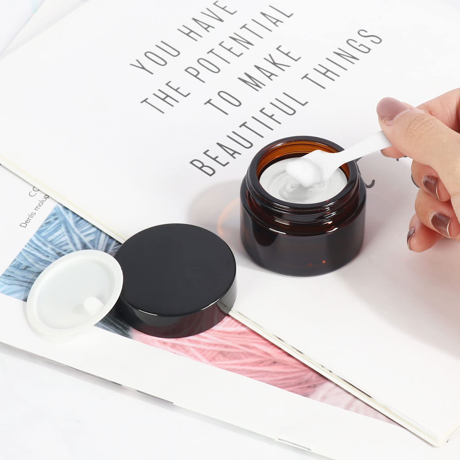 Yishik 1 oz Amber Glass Jars with Lids,15 Pack Empty Cosmetic Containers with Inner Liners and Black Lids,30ml Refillable Round Cream Jars for Lotion,Beauty Products - Image 3