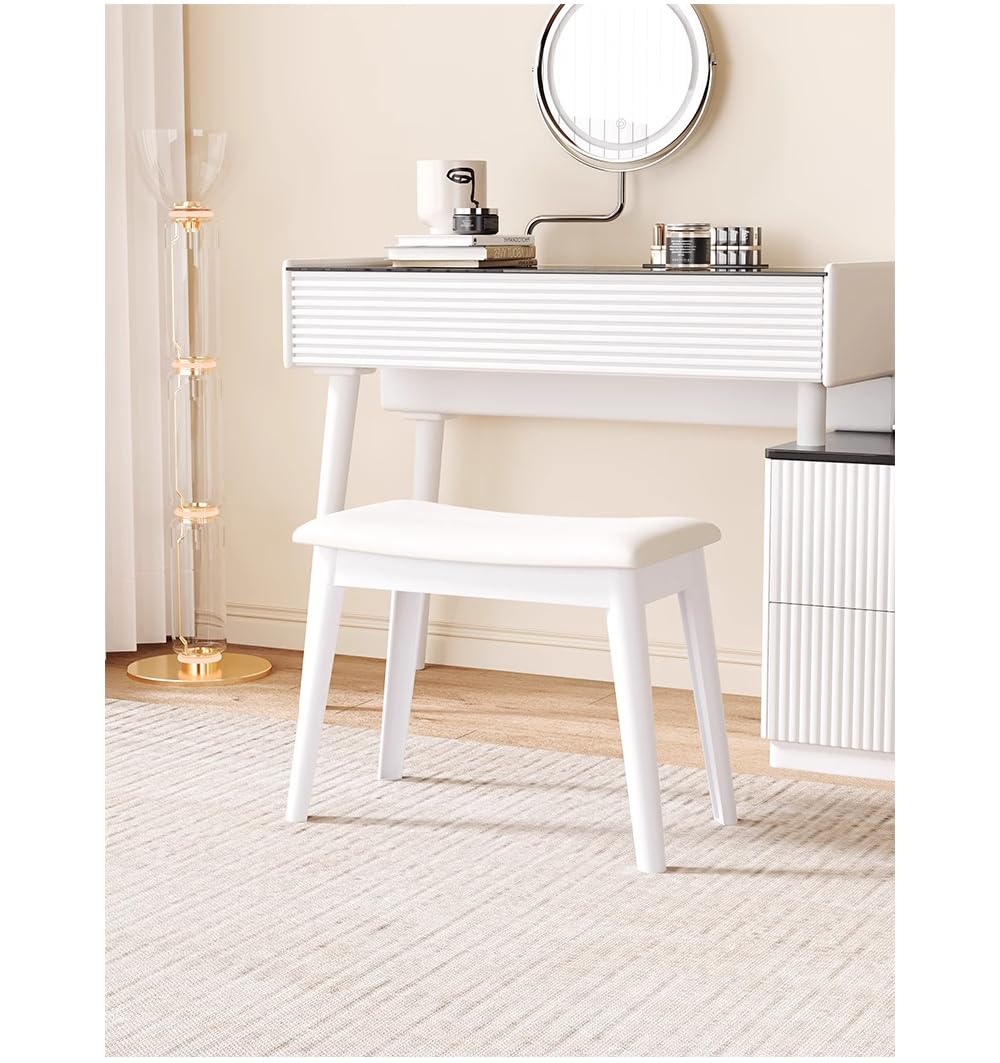 Balama Sgabello da toeletta, bianco, imbottito, 47 x 28 x 45 cm, con robusta ecopelle e gambe in plastica, leggero, fino a 150 kg