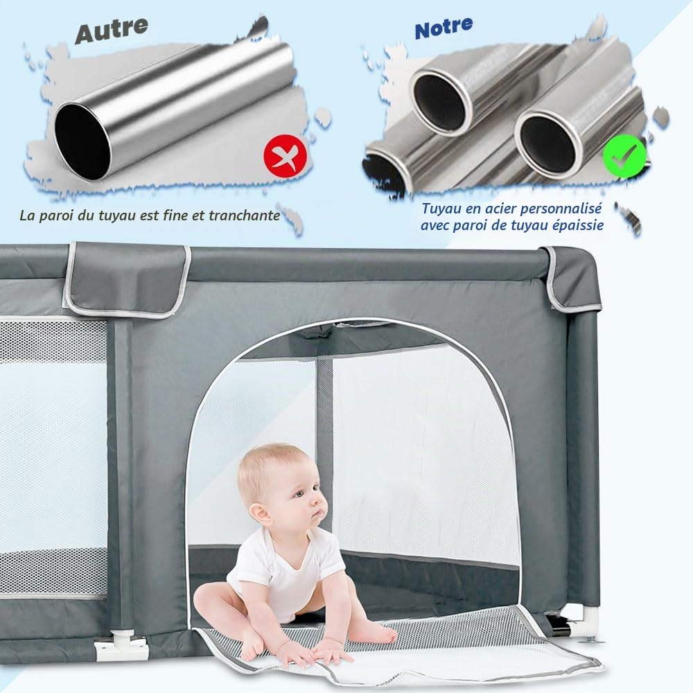 Parc Bébé Modulable,120cm*160cm*66cm Parc Bébé Pliable, Tissu Oxford/Avec sac de rangement/Sûr et confortable, Activités parent-enfant(Gris foncé/Noir) (Gris Foncé)