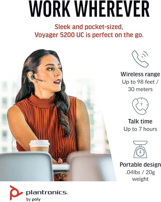 Auricular Bluetooth Poly Voyager 5200UC con microfono mono para llamadas nitidas en PC 5