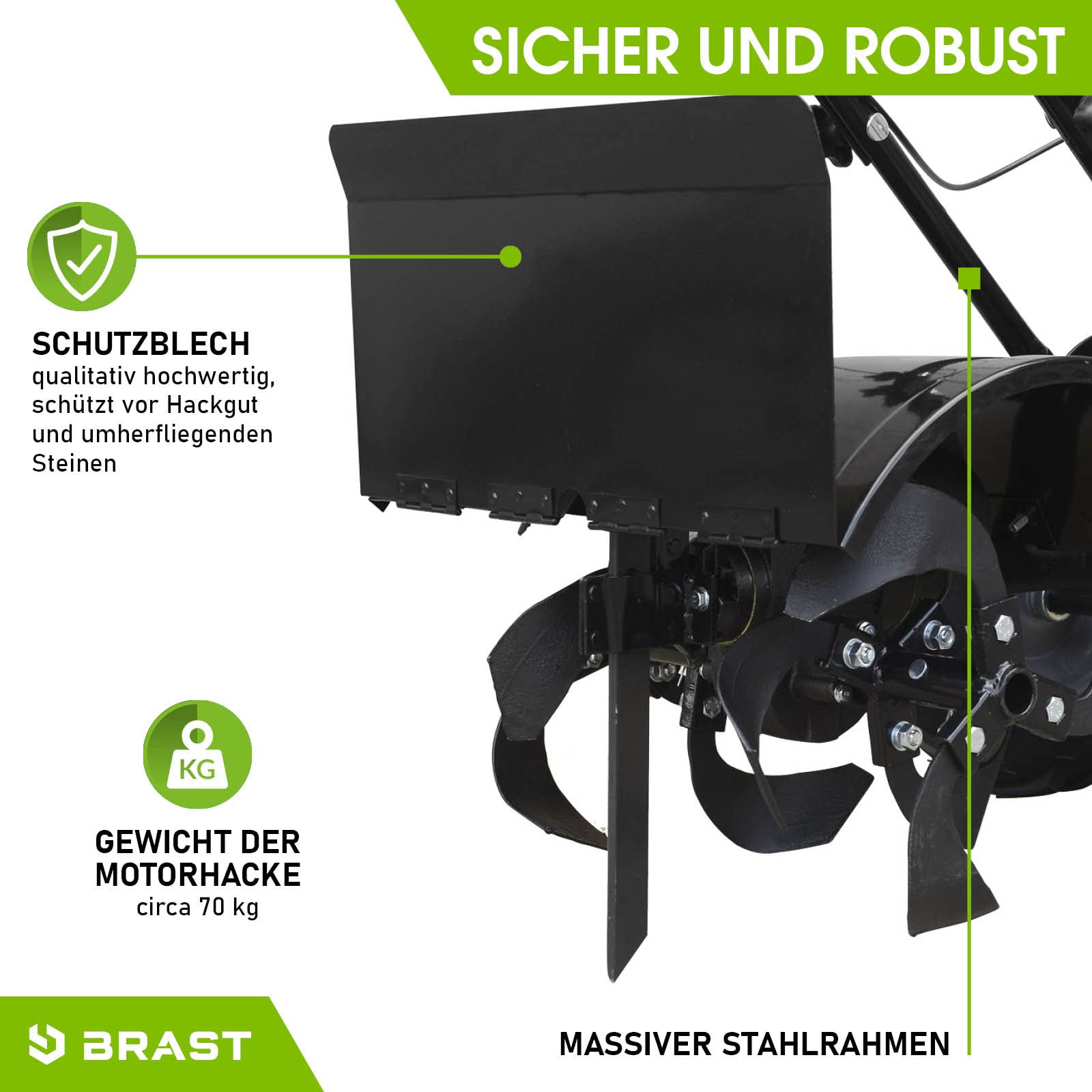 BRAST Motorhacke Gartenfräse Benzin | 1,9kW(2,6PS)-5,15kW(7PS) | 25-85cm Arbeitsbreite | 6 Modelle | Stahlrahmen Transportrad & kabellos | für kleine bis sehr große Grundstücke | BRB-AF 7500 B&S