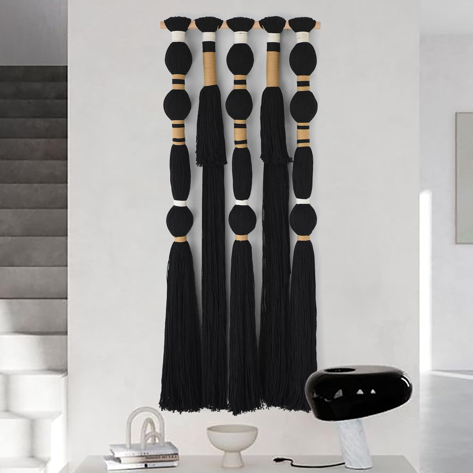 Flber Makramee-Wandbehang, schwarz, kugelförmig, Baumwollquasten, Textil, geometrisches Garn, Wandkunst für Schlaf- und Wohnzimmer, 40 cm B x 99 cm L