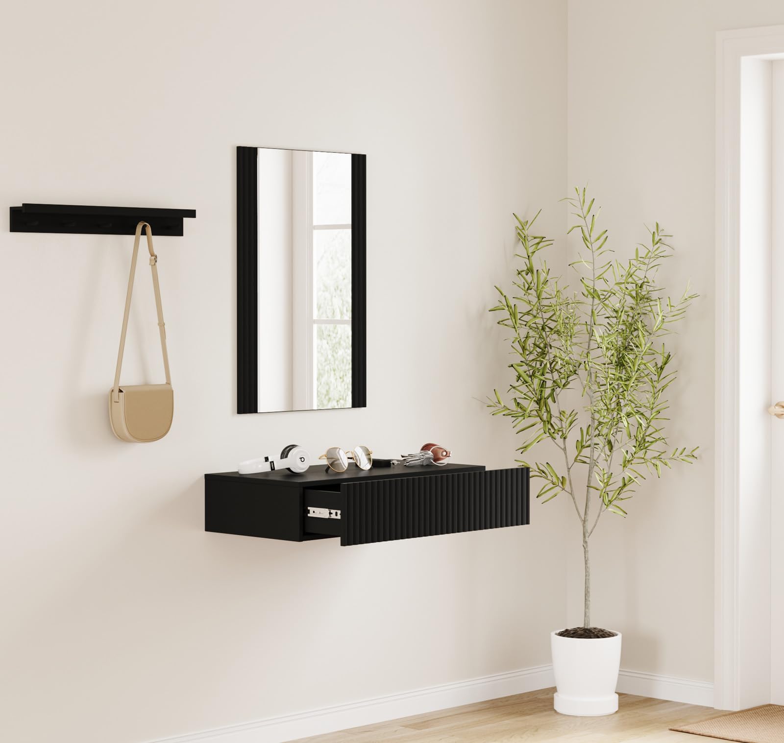 MB Muebles Bonitos, Recibidor Colgante con Espejo Amira, Mueble de Entrada con Cajón y Diseño Acanalado, Melamina y PVC, Color Negro, Ideal para Entradas y Pasillos