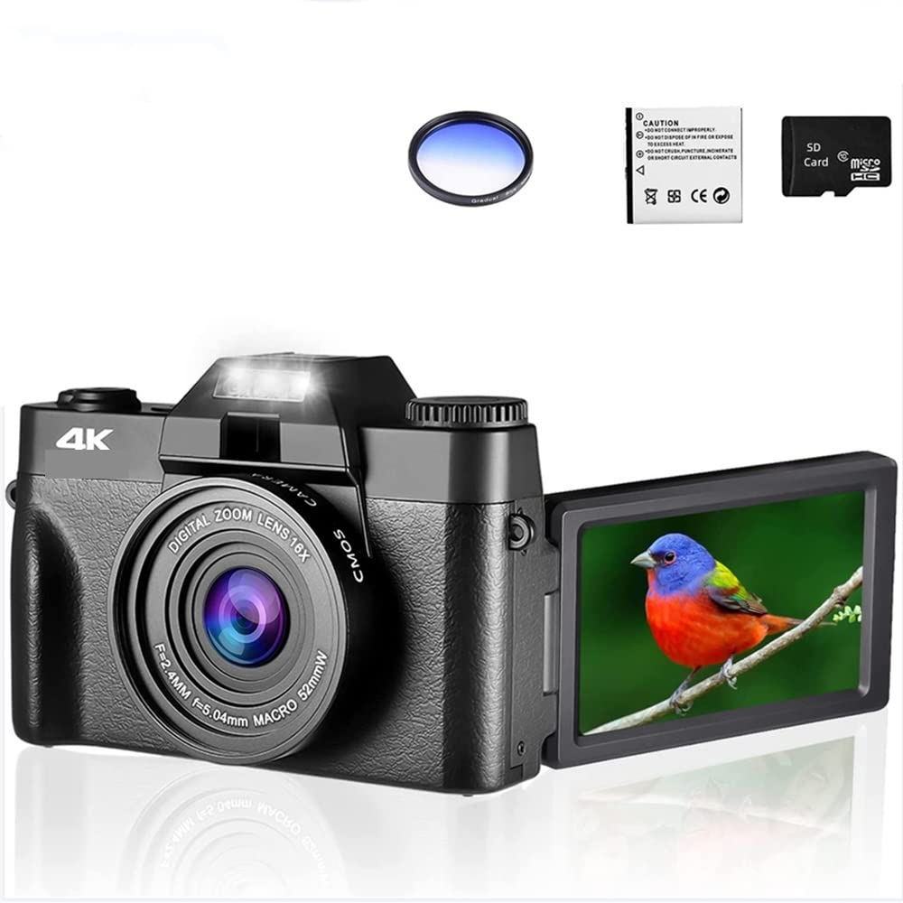 CVFRDD 48MP Digital Photo Camera For Photography 3" Flip Screen Selfile Camcorder 4K Stream Macro Lens Streaming Video Camera(128G TF Card,With Only Filter)