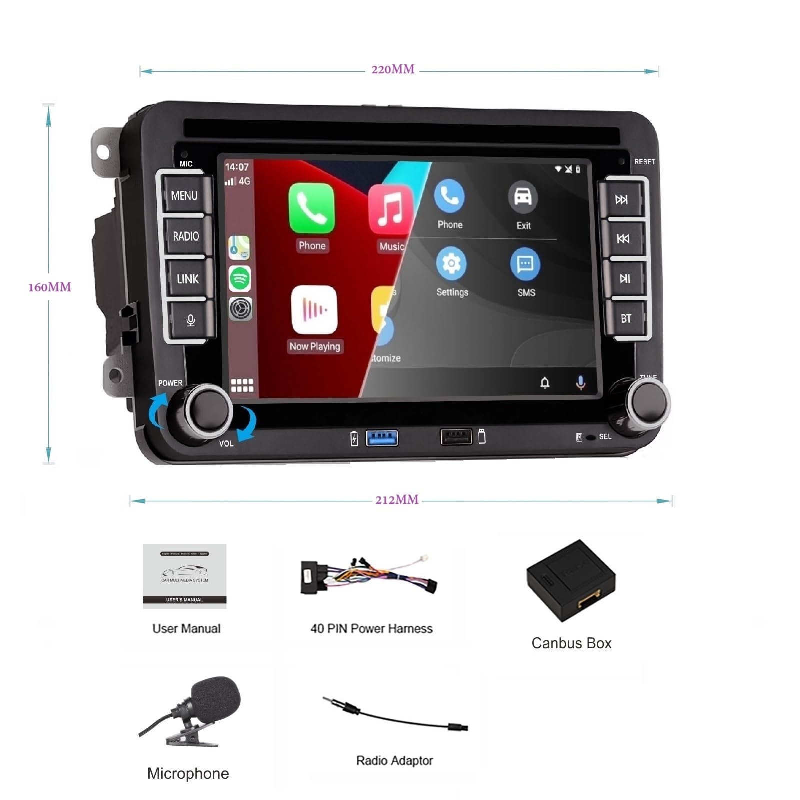 Autoradio per Golf 5/Golf 6, Schermo Touch da 7 Pollici con Wireless CarPlay & Android Auto, Plug and Play, Bluetooth/AM/FM/SWC/DSP/Mirror Link per VW T5, Polo 5, Passat, Skoda, Jetta, Toura