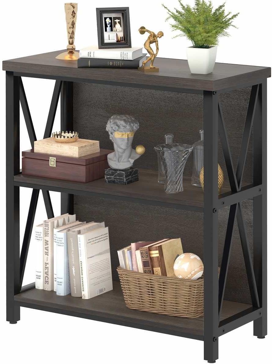FATORRI Rustic Short 3 Shelf Bookshelf for Living Room, Industrial Low Wood Bookcase, Farmhouse Small Book Shelf for Small Space (Walnut Brown)