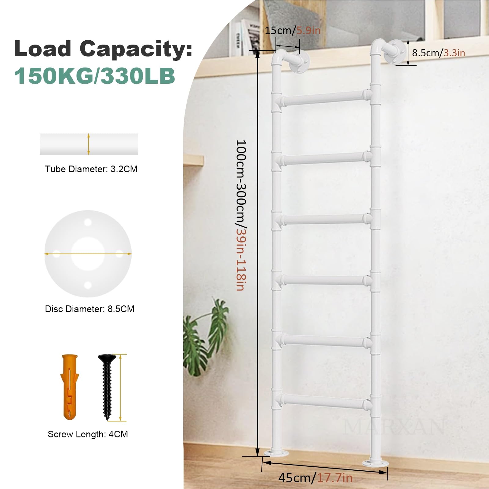 Scala di Uscita di Emergenza Resistente per Casa/Letto a Castello, Scala da Soppalco da Terra in Ferro battuto Bianco con Accessori di Montaggio, Dimensioni Personalizzabili(120cm/47in)