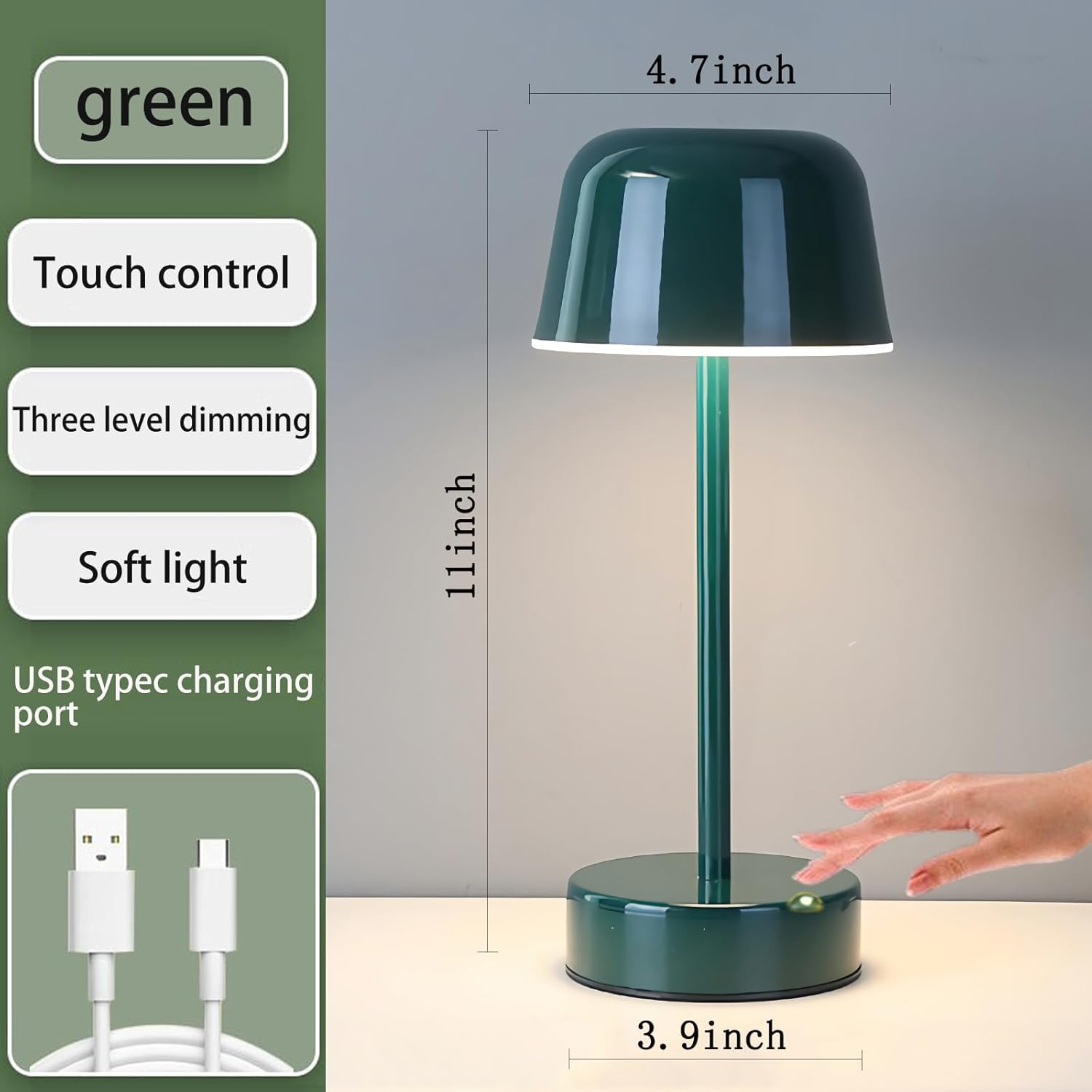 EaEa Lampe de Table LED Sans Fil, Lampe de Table Champignon Dimmable Tactile 3000K/4000K/5000K, Lampe de Chevet en Métal Rechargeable USB pour Salon, Chambre à Coucher, Hôtel,Vert