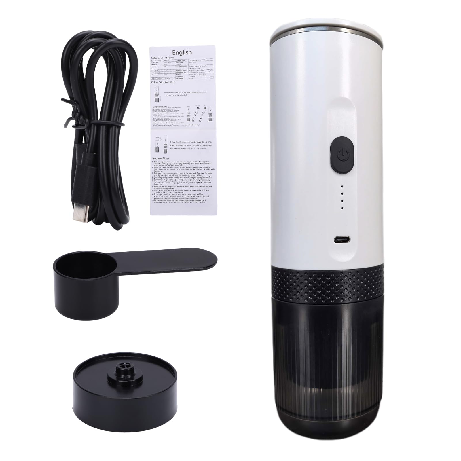 Máquina de café Portátil, 20 Bar de Presión Recargable USB C Portátil para Viajes, de Viaje con Cápsulas de café Molido de Doble Uso Calentamiento Rápido 7500 MAh (WHITE)
