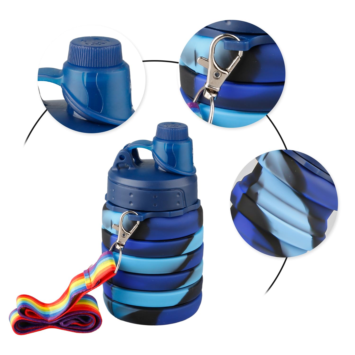 Rumyve 500ml Collapsible Silicone Water Bottle,Portable Leak Proof Water Bottles with Lanyard Straps,Octdoor Accessories for Kids Girls Boys Sports Hiking Trip Camping(Camouflage blue) - Image 3