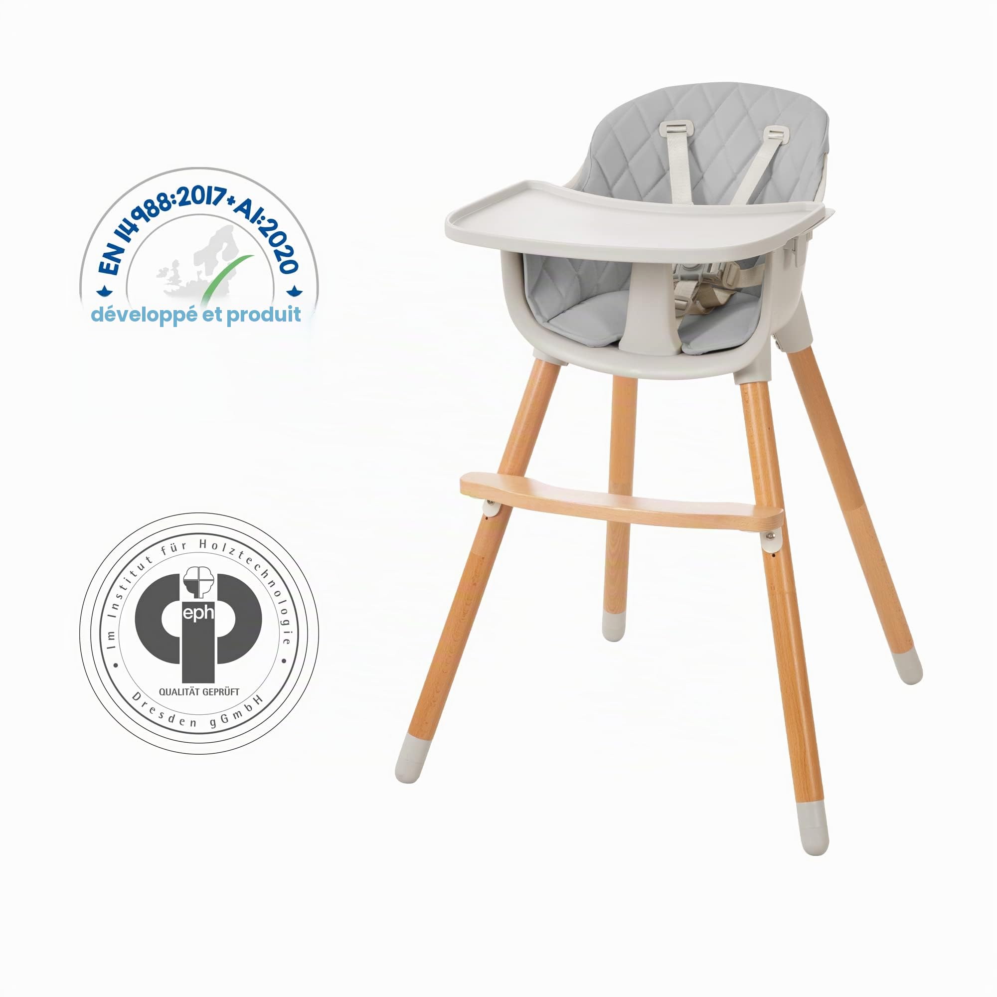 roba Chaise Haute Évolutive 2 en 1 Style Up Wood pour Bébé et Enfant - 50 KG - avec Ceinture de Sécurité et Plateau Repas Amovible - Réglable - Assise Rembourrée - Gris