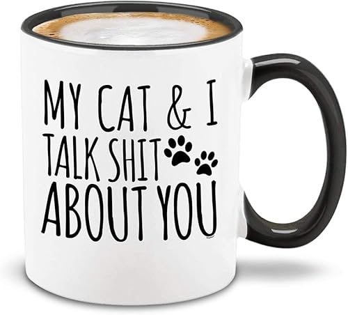 shop4ever My Cat & I Talk About You - Taza de café de cerámica, regalo divertido para mamá gata, 11 onzas (mango negro)