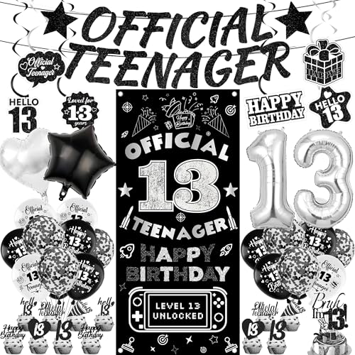 13th Birthday Decorations Boy Set - 44 Pcs Black Silver Official Teenager Decorations Including Banner Backdrop Number 13 Balloon Hanging Swirls and Latex Balloons for 13 Years Old Party Supplies