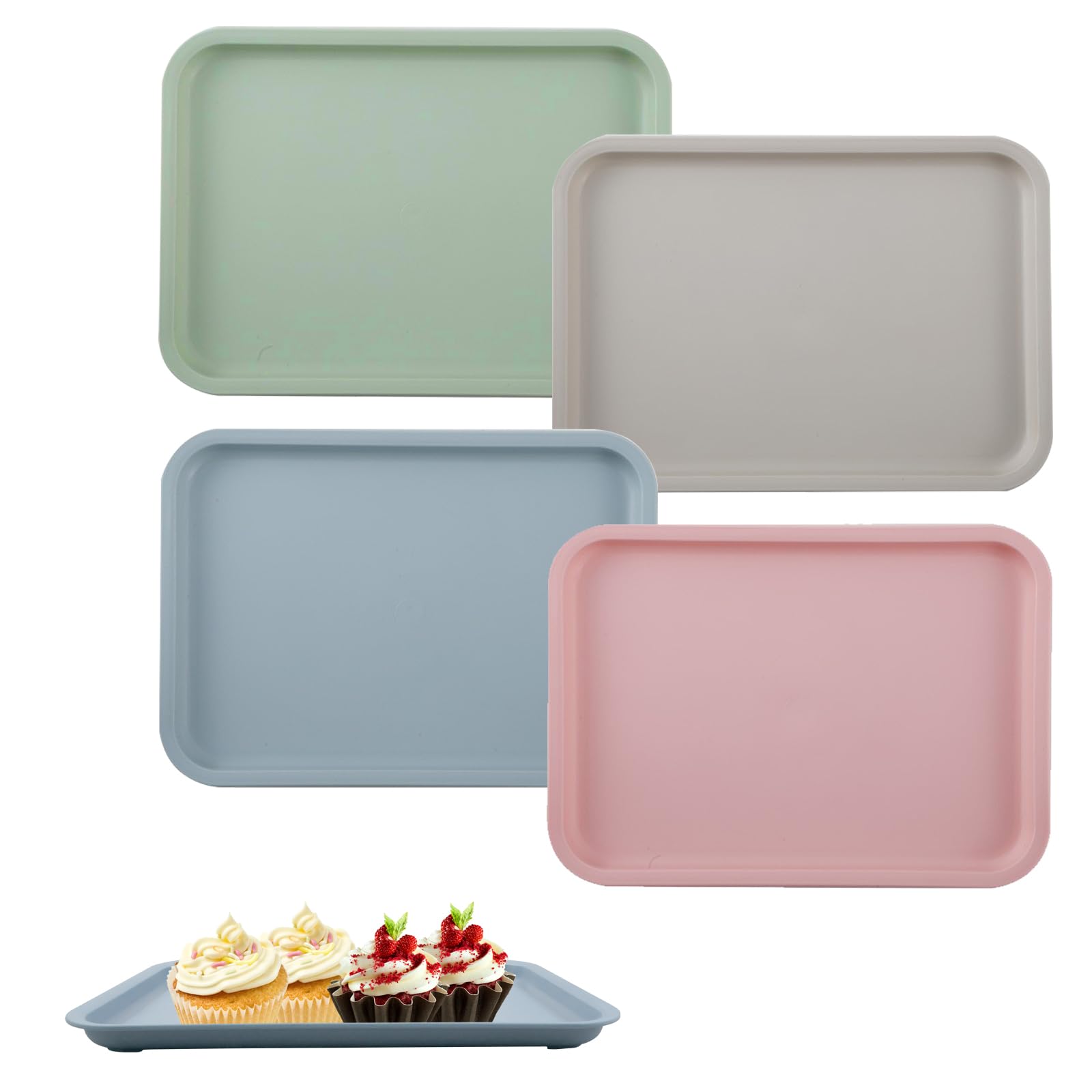 milaosk 4 Pcs Rectangular Serving Trays, Small Trays for Food, Drinks, Snacks, Kitchen, Café, Bakery, 25 x 18 x 1.6cm, Multi-colored, Polypropylene, Rectangular, Non Slip