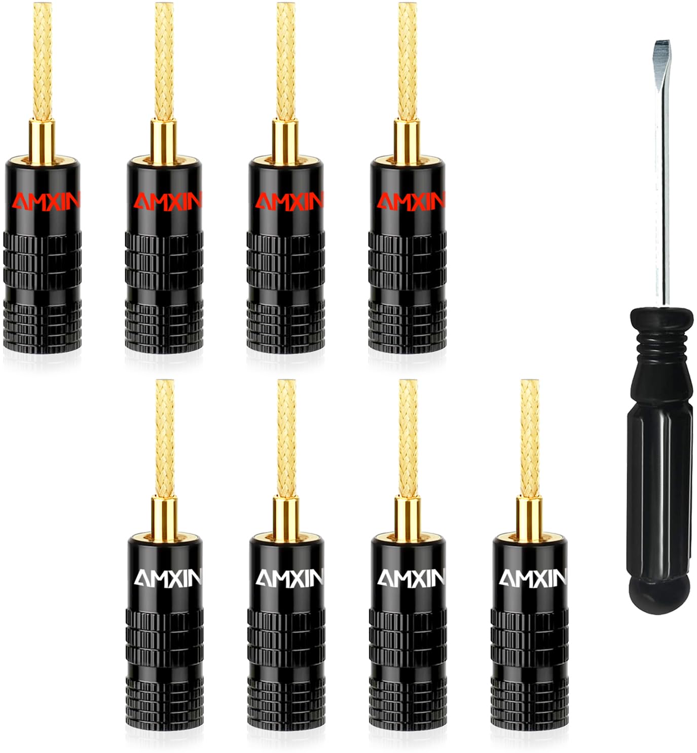 Amxinwang Flex Pin Banana Plugs for Spring Loaded Speaker Terminals, 4 Pairs / 8 Pieces Gold Plated Plugs for Speaker Wire, Wall Plate, Home Theater,