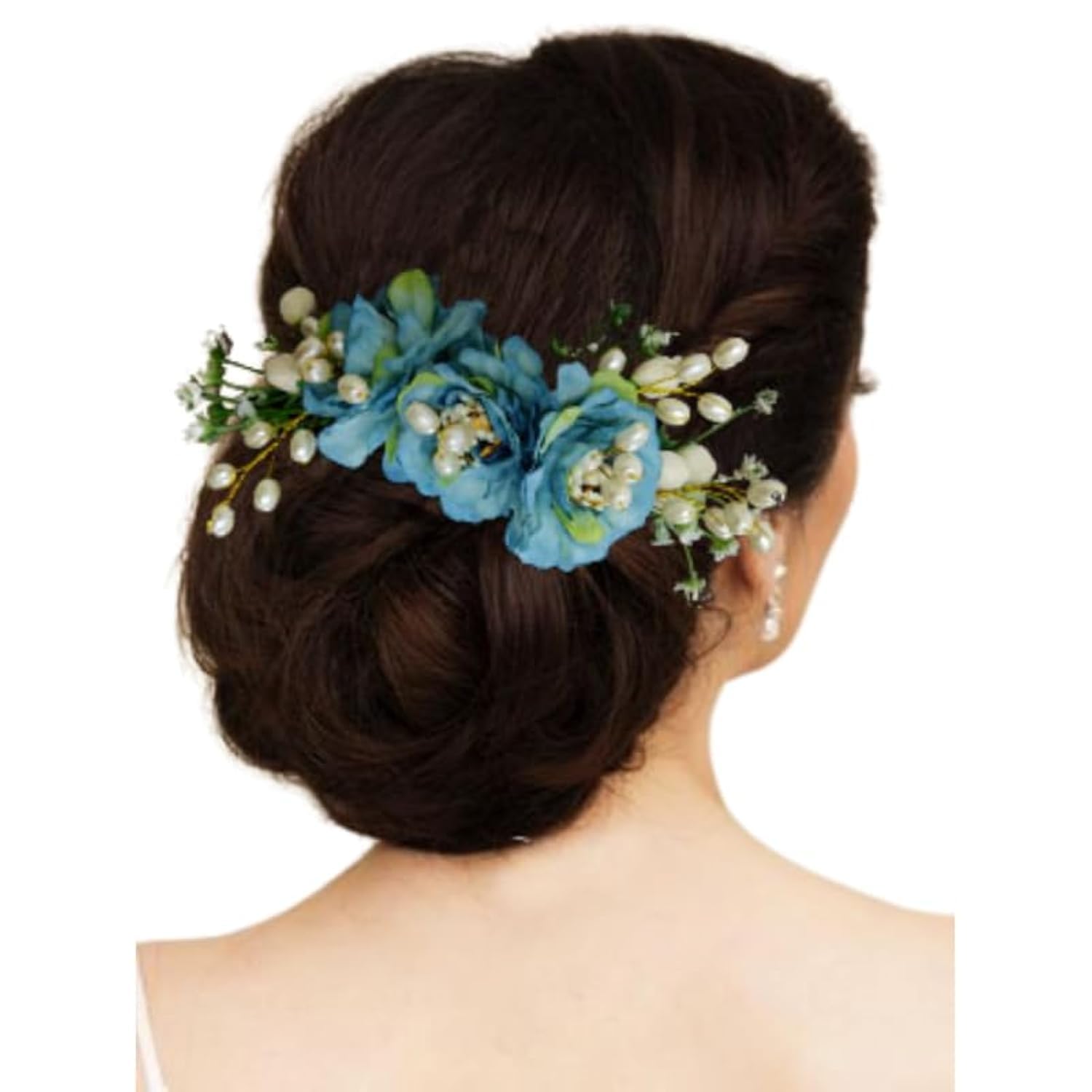 Hair Flare Comb Slide for Women, Girls Artificial Flower Hair Accessories, Bridal Hair Pin for Bun, 2215 - Blue-image-15