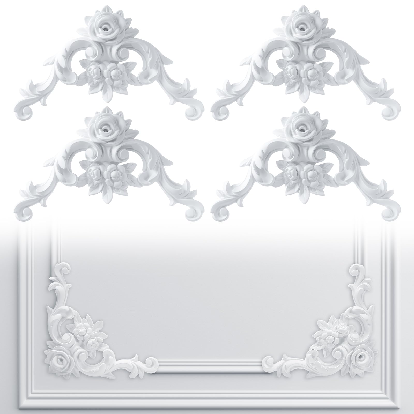 Pangda 4 Pcs Corner Wall Molding French Style Wainscoting Panels Flora Moulding Corner Panel Moulding Corners Wall Molding Kit for Frames Decor, Not Include Glue (Rose Style)