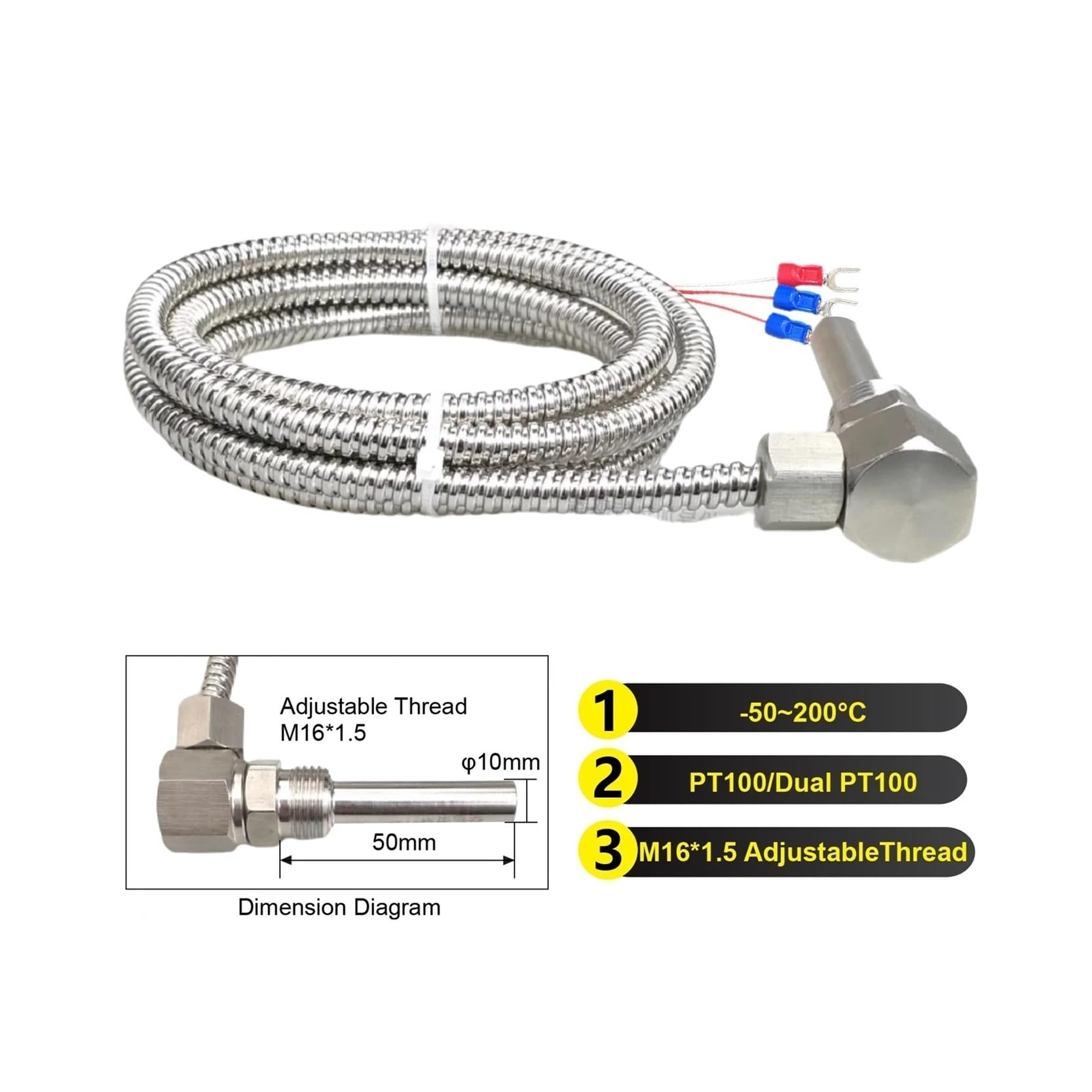 Sensor de temperatura PT100, sonda de temperatura de acero inoxidable WZPT-D2M16 | Sonda de resistencia térmica roscada tipo L(Pt100-1M)