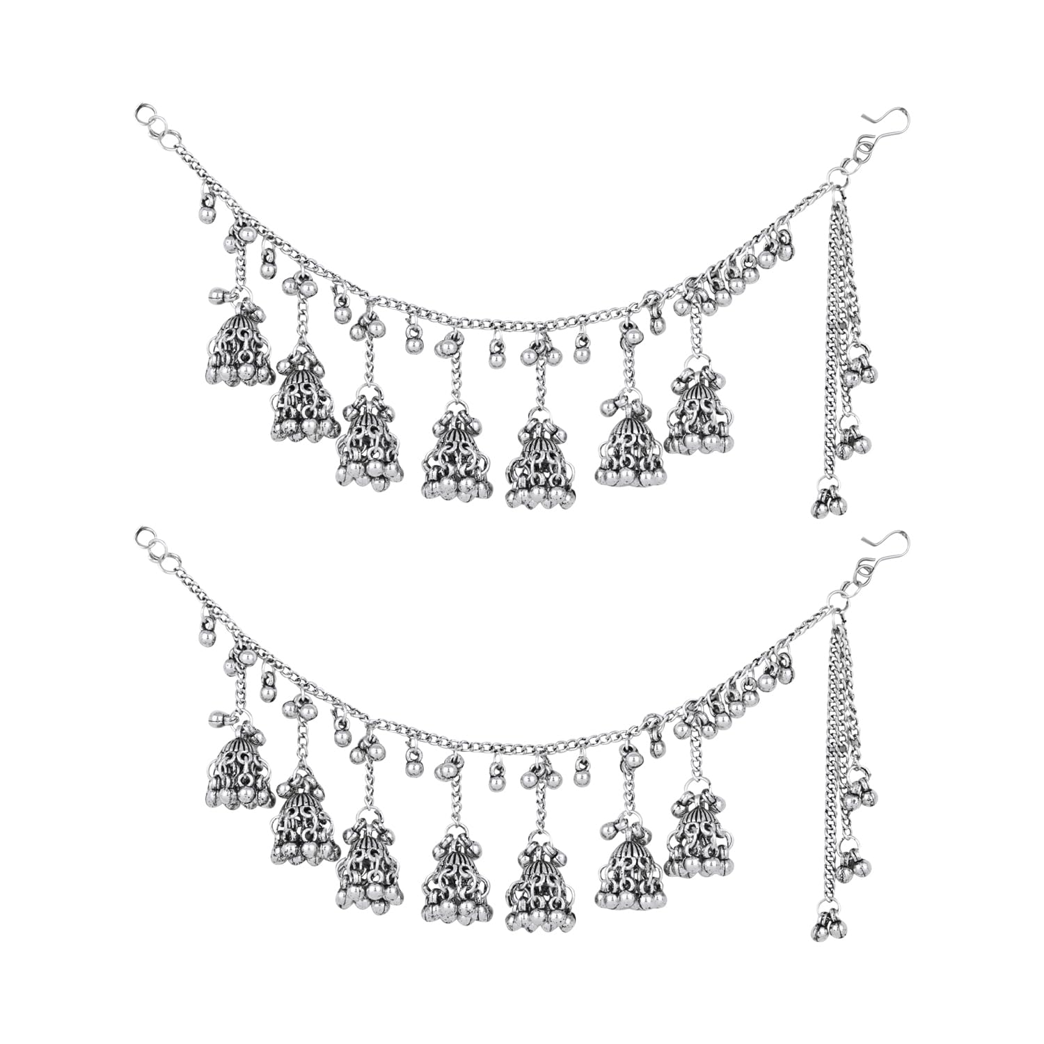 i jewels Navratri Ethnic Silver Oxidised Ghungroo Jhumka Hair Chain/Earchain Accessories For Women (E3244OX)-picture-51