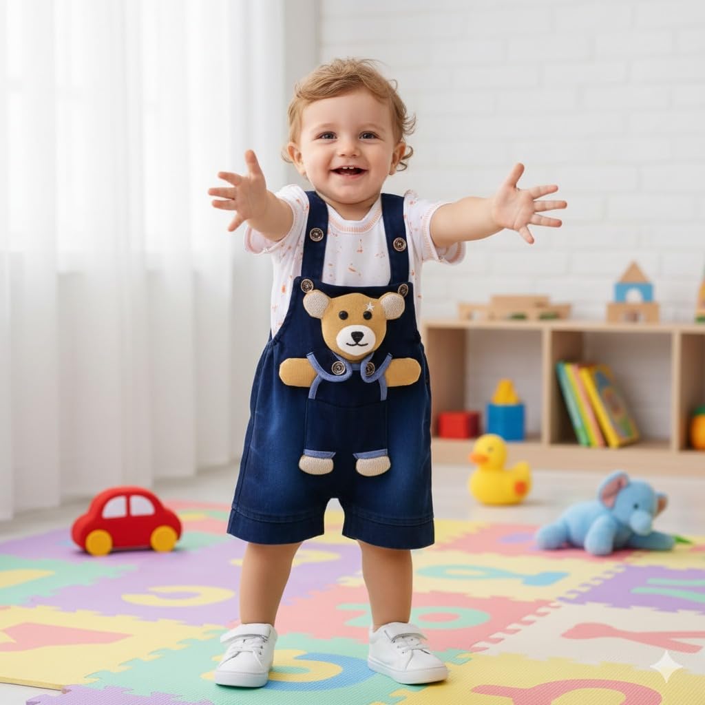 A.T.U.N. (ALL THINGS UBER NICE) Baby Boys Cotton Denim Dungaree Set with 3D Teddy Bear Design | Printed T-Shirt with Adjustable Straps | Stylish & Comfortable Daily Outfit for Baby Unisex 1