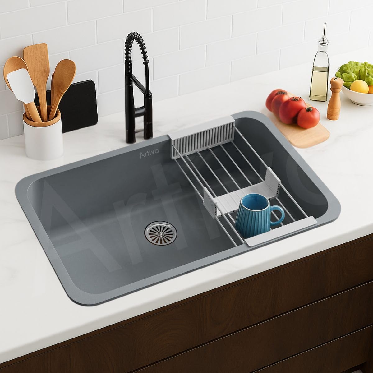 Artiva Granite Quartz Single Bowl Kitchen Sink/Matte Finish Kitchen Sink With Sink Coupling, Hose Pipe and Drainer Basket/Modern Sink for Kitchen-Round Shape (Roca Grey, 24x18 Inch)