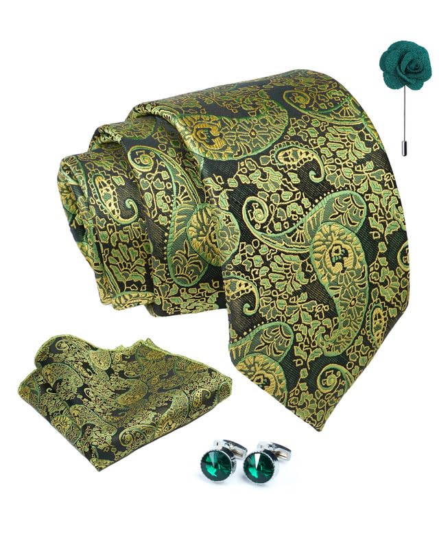 Green Paisley Tie For Men – Formal Ties Set With Pocket Square, Cufflink & Flower Pin With Gift Box For Mens, Silk Fabric Neckties Gift Sets For Men’s (AXRD_87)-image-47