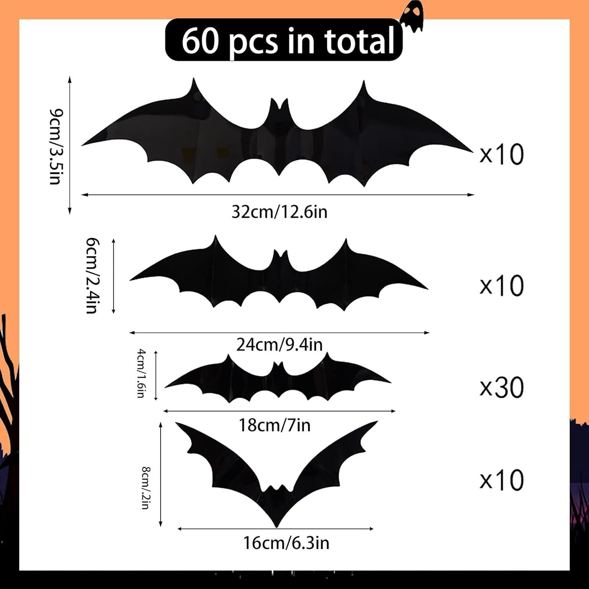 XWSG 60PCS Halloween 3D Bats Decoration Halloween Large Bats Wall Decor 4 Different Sizes Realistic PVC Scary Black Bat Sticker for Home Decor DIY Wall Decal Bathroom Indoor Halloween Party Supplies