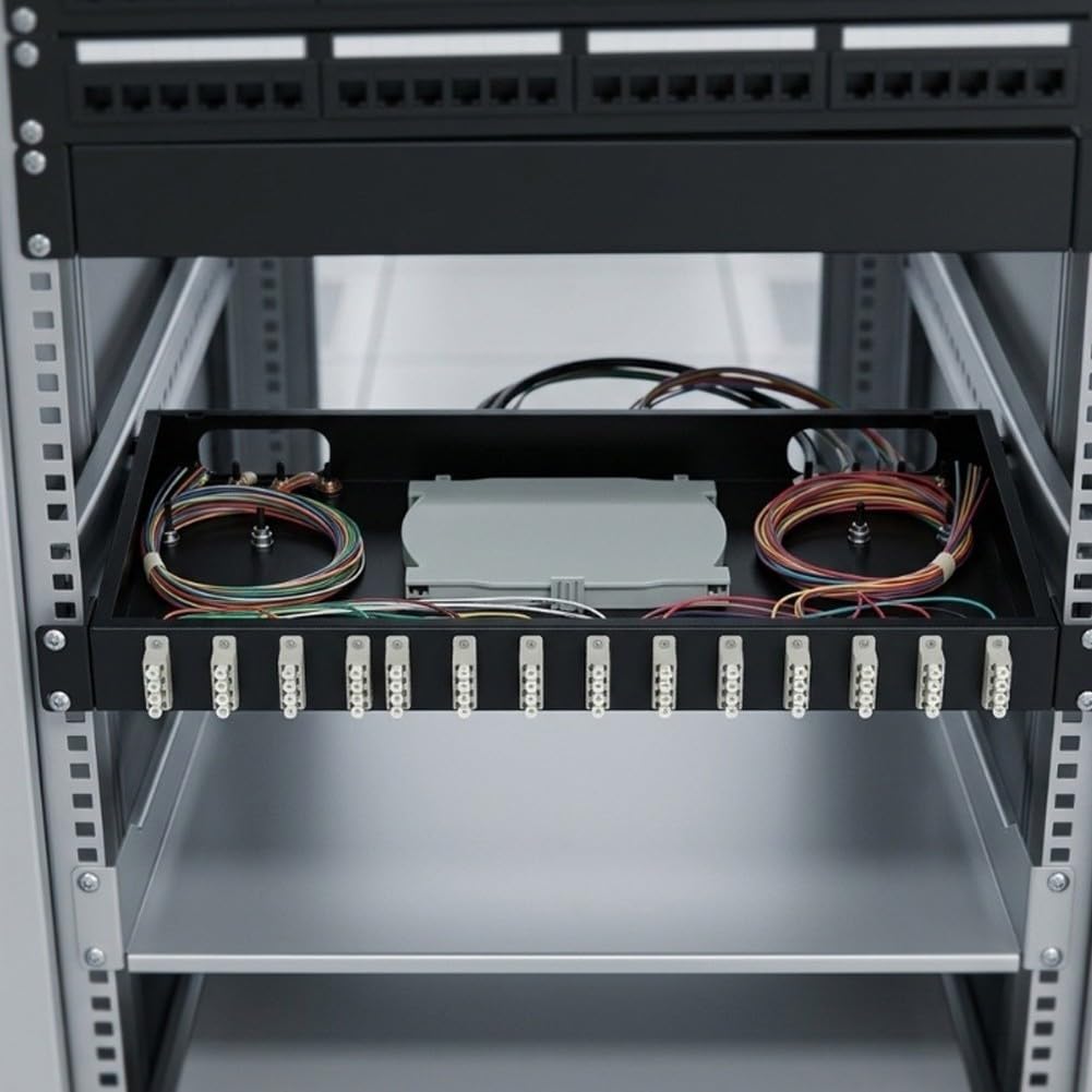 Per il pannello di toppa della fibra, 19" porta del supporto di scaffale 12 | 24 per capacità fibra, 2 per vassoi di giuntura, 12 trecce LC da 1 m, codificate a colori, a bassa perdita